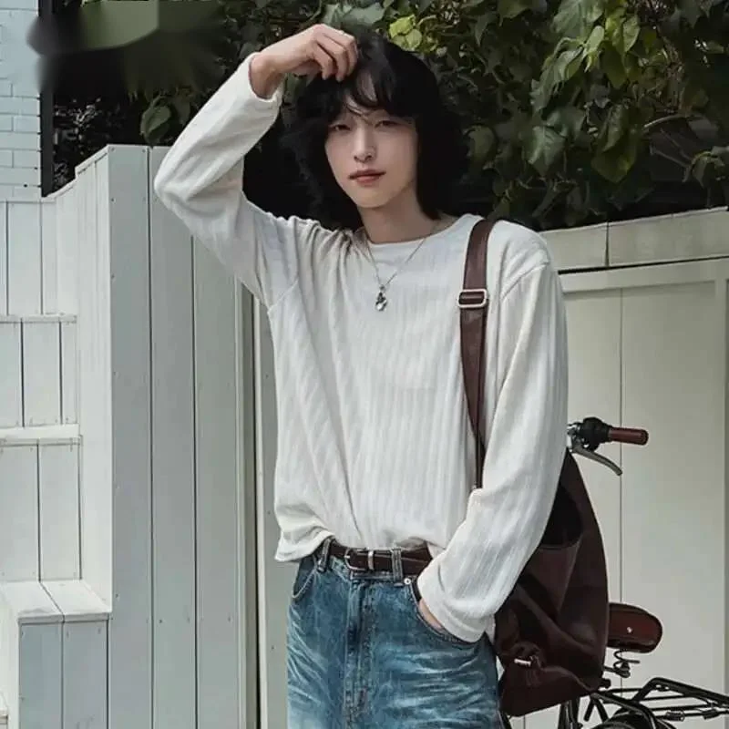 Versatile Pit Stripe T-shirt Long Sleeve Men's Spring Solid Color Round Neck Korean Edition Loose Male Pullover Tees 9WZMKB