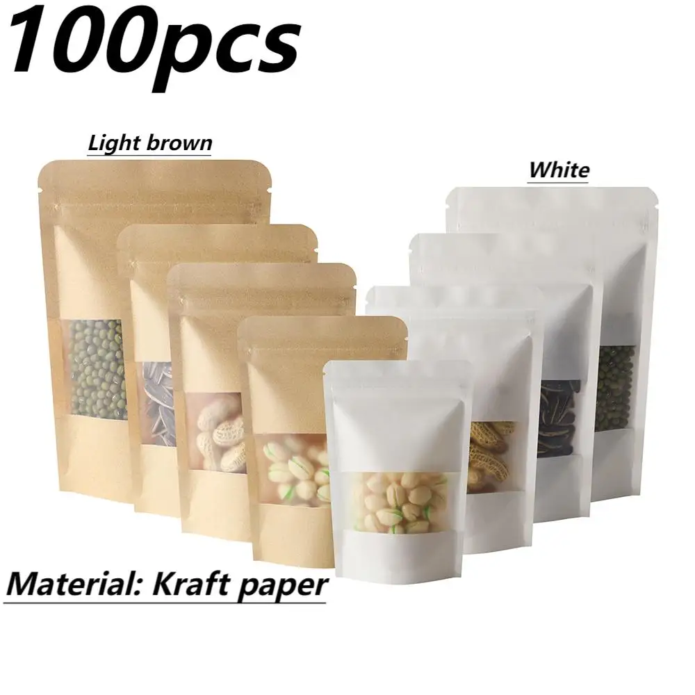 100 sztuk kraft matowe widoczne okienko stojące woreczki przekąski suszone owoce przechowywanie herbaty kraft uszczelnienie zamek błyskawiczny kości samouszczelniające się torby