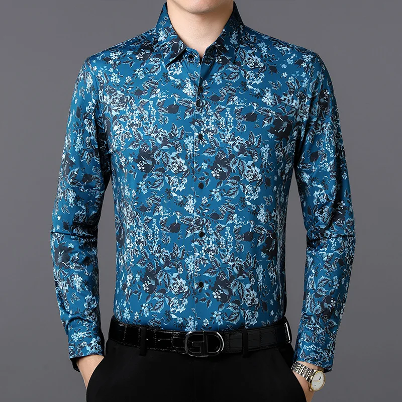 

Flower Printed Blouse Large Size Smooth Elastic Office Husband Wear Stretch Clothes Fashion Comfortable Soft Gents Casual Shirts