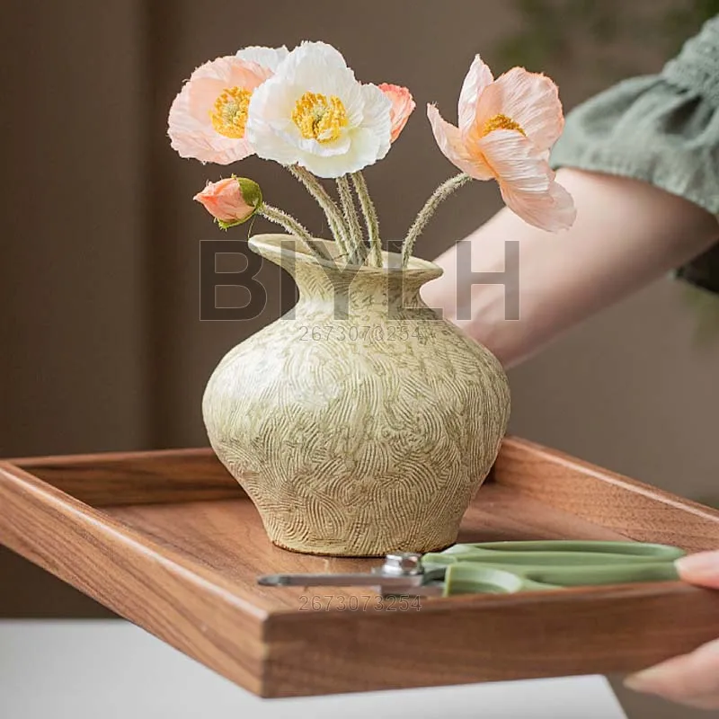 Retro Pottery Vase Chinese Handmade Pottery Pots Oblique Flower Arrangement For Home Decoration Dried Flower Vase Ornament