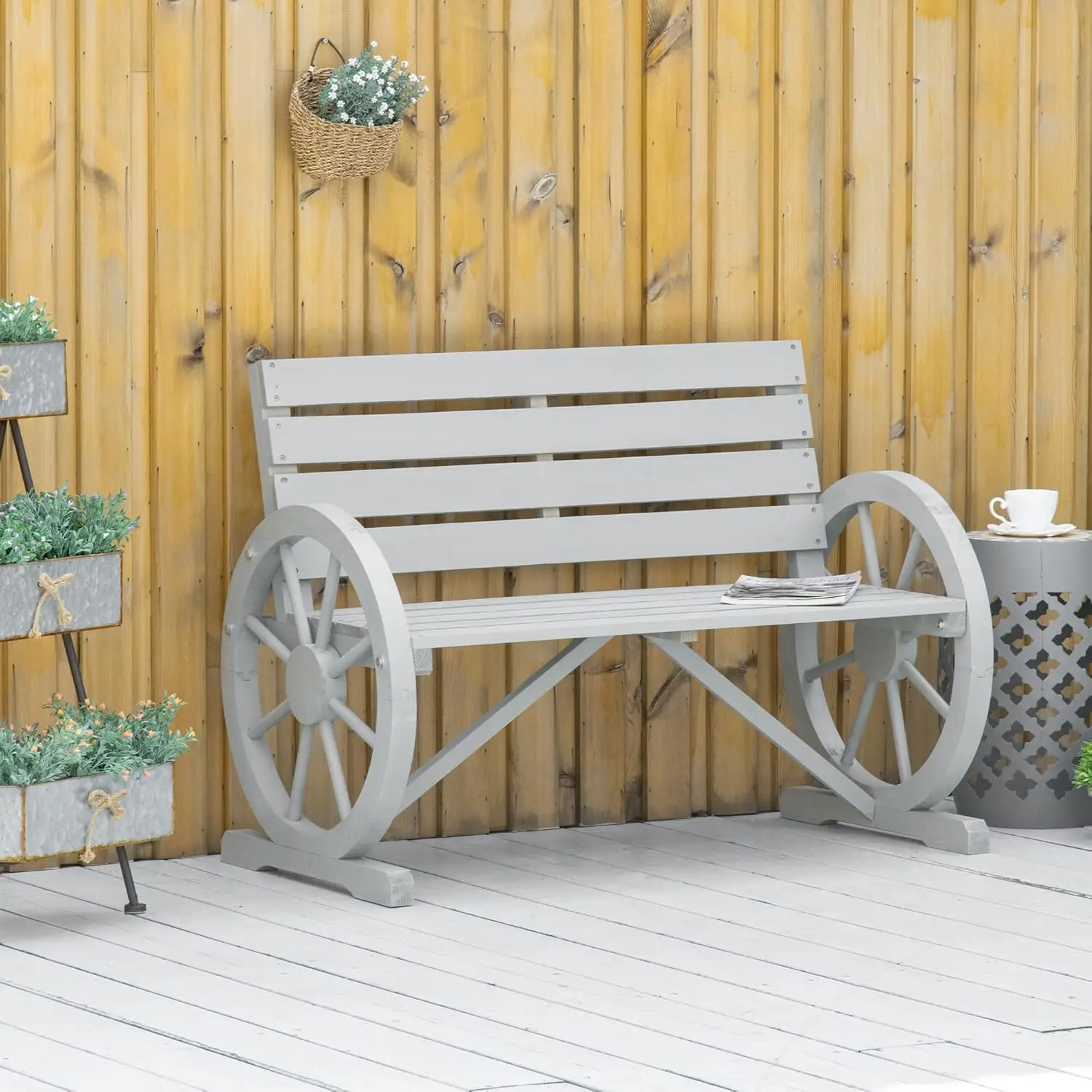 

41" Wooden Wagon Wheel Bench, Rustic Outdoor Patio Weather Resistance Furniture, 2-Person Slatted Seat Bench with Backrest