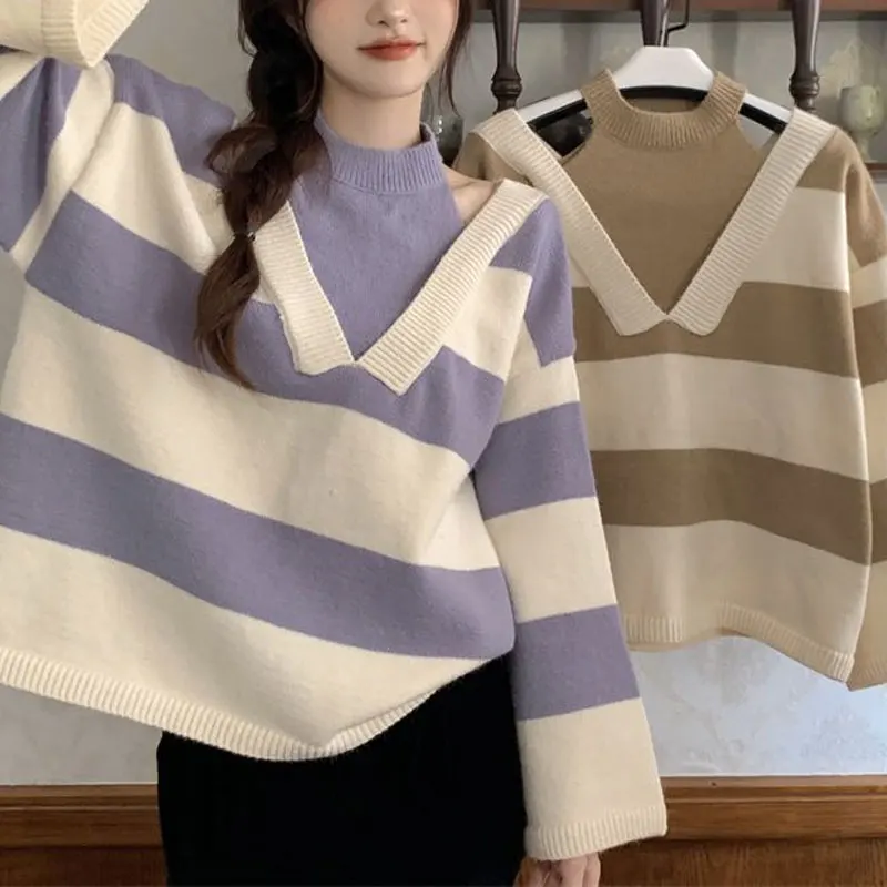 

Fake Two Pieces Halter Sweaters Striped Autumn Winter Fashion Off Shoulder Women's Clothing Casual Loose Korean Knitted Jumpers