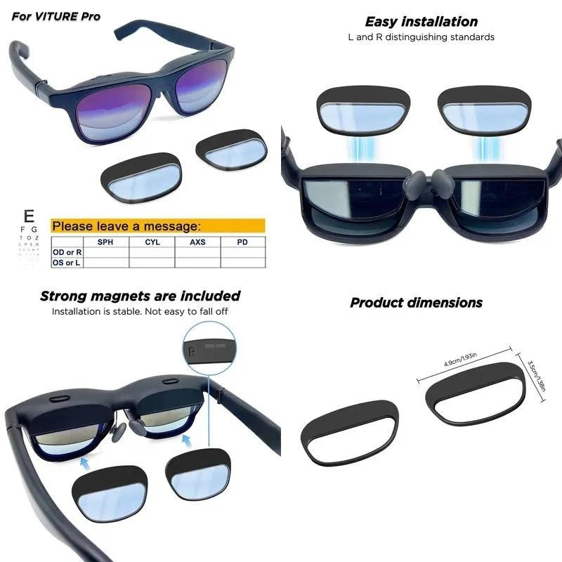 viture-pro／beast／xr／arスマートグラス用、近視矯正レンズ、乱視矯正、ブルーライトカット、反射防止、光量調整機能付き、度数調整可能