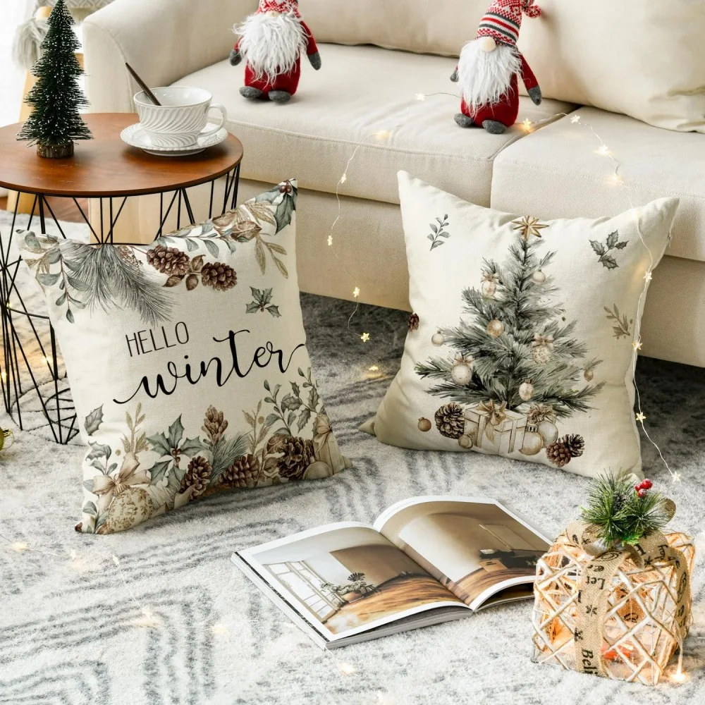 Fundas de almohada con tematiche navideña e invierno: Feliz Navidad,hola Invierno con decoración festava Funda de cojín para sofá