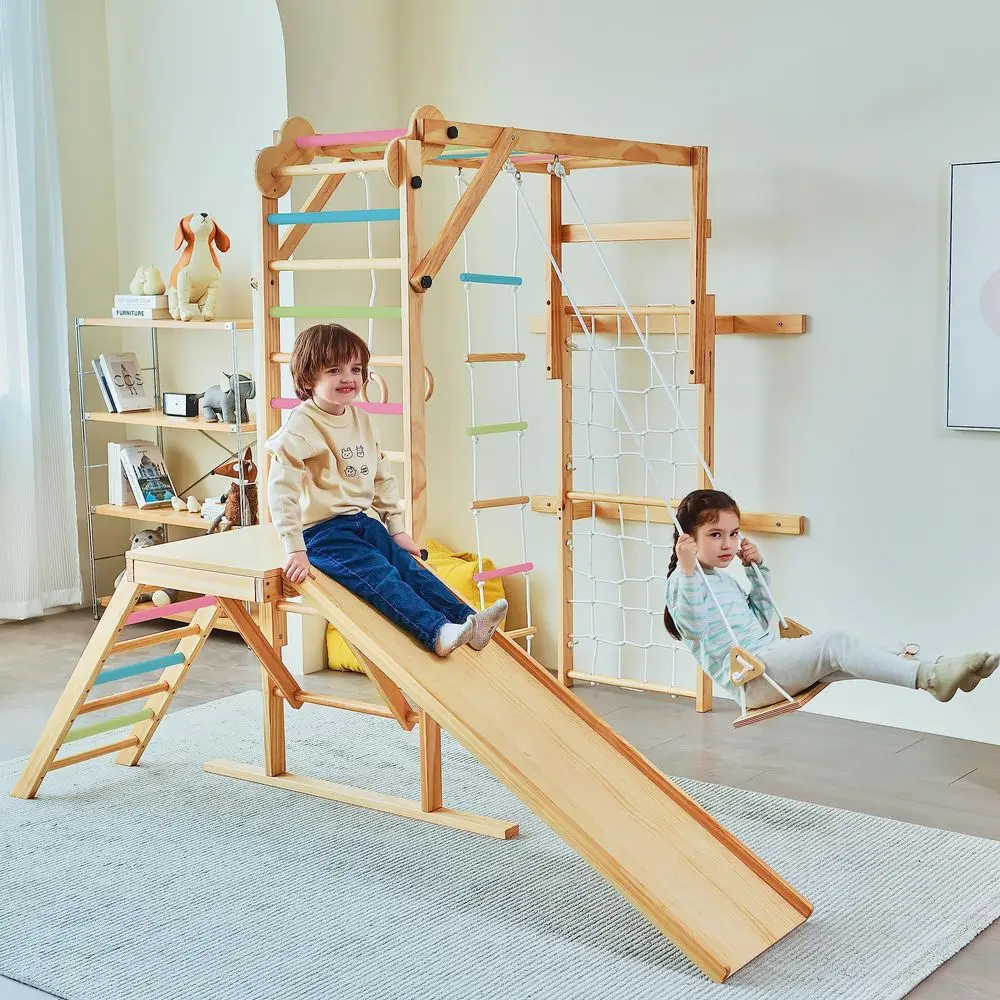 

Grove 8in1 Indoor Jungle Gym with Gymnastic Rings, Climbing Rope, Swing, Slide, Monkey Bars, Rope Wall Net, and Wooden and Rope