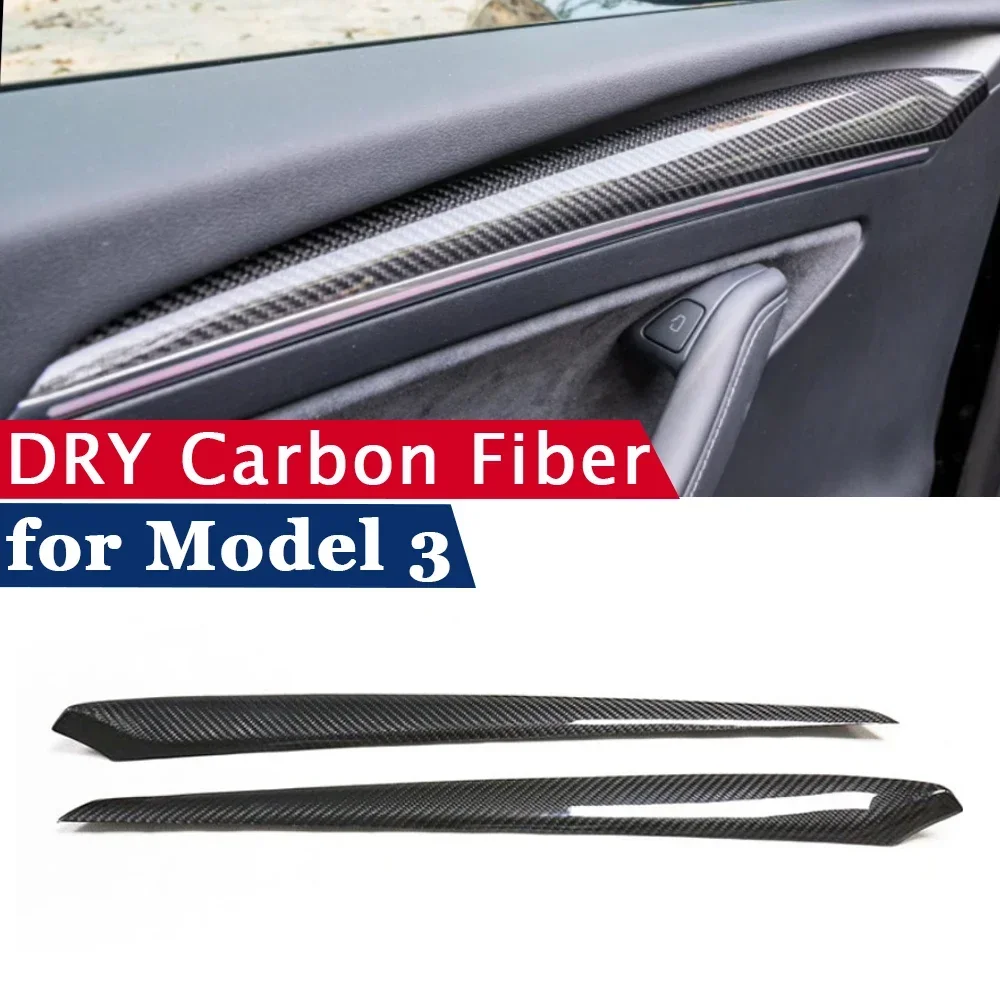 Dry Carbon Fiber Cover for Tesla Model 3 2021 2022 LHD RHD Interior Accessories Front Door Trim Frame Sticker 2 PCS