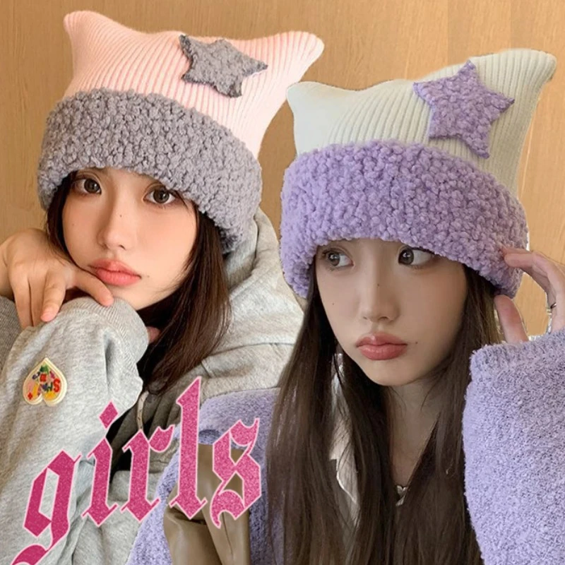 

Y2k Knitted Beanie Hats for Women Girls Cute Five-pointed Star Cat Ears Cap Winter Warm Ear Protection Hat Harajuku Outdoor Caps