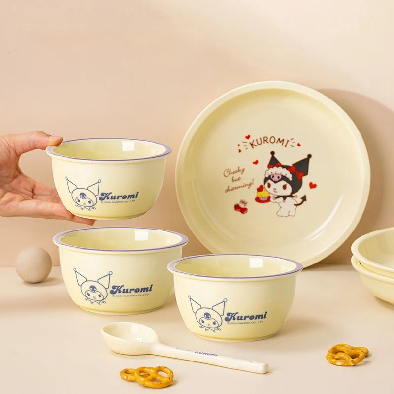Juego de cuencos y platos para niños, estilo de aceite de leche Kuromi, bonito cuenco de arroz de cerámica con dibujos animados para el hogar, vajilla, juguetes para regalos, 3 uds.