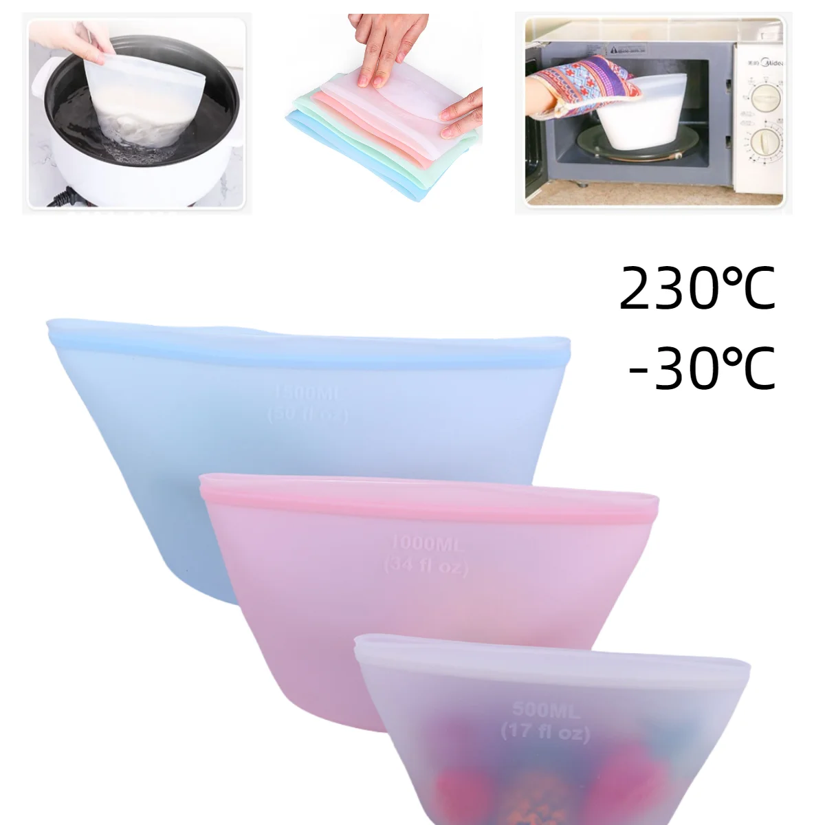 3PCS Silicone Food Storage Bag Reusable Stand Up Zip Bag Leakproof Containers Fresh Bag Food Storage Bag Fresh Wrap Ziplock Bag