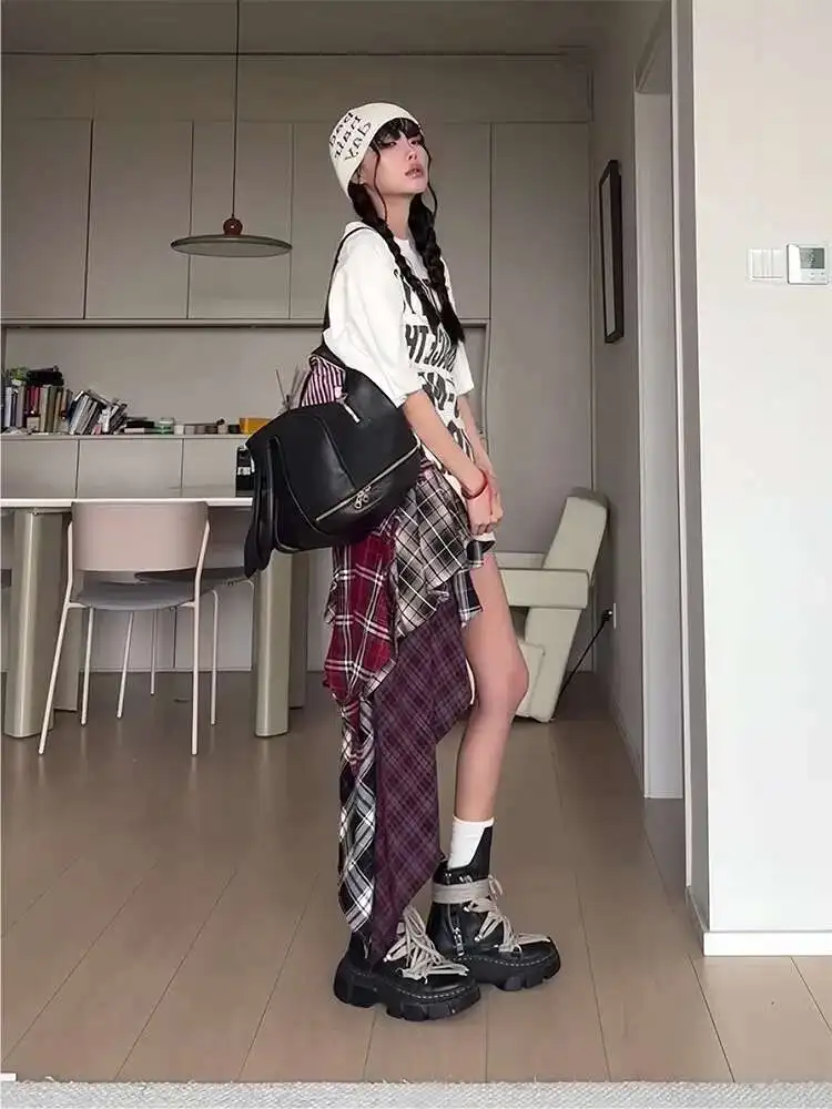 Women Mini Skirts Large Size Design Sense Niche Splicing Plaid Skirt Summer New Irregular Contrasting Mid Length Skirt Ins
