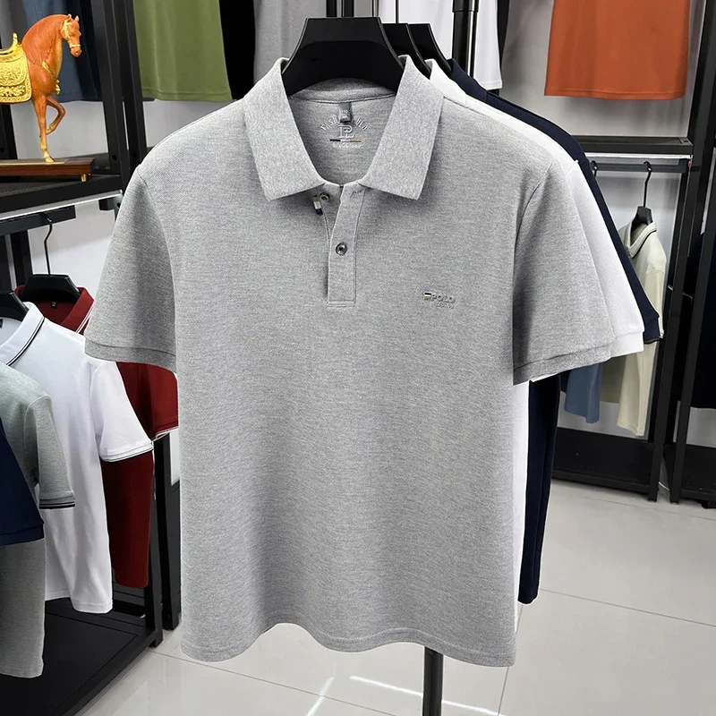 Premium pique knit polo tee men lapel single button collar letter embroidery elastic anti wrinkle office walking daily top