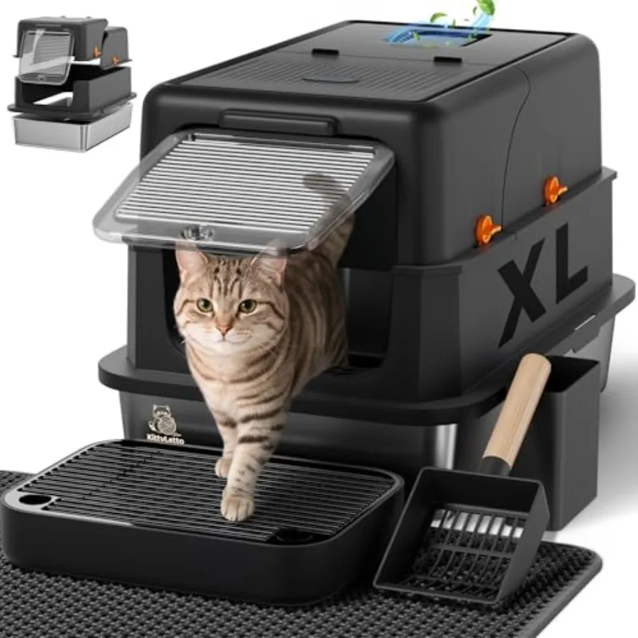 

Stainless Steel Litter Box with Lid - XL Enclosed Litter Box for Cats with Collecting Mat - 4 Way Setup Fully Closed, Semi Low,