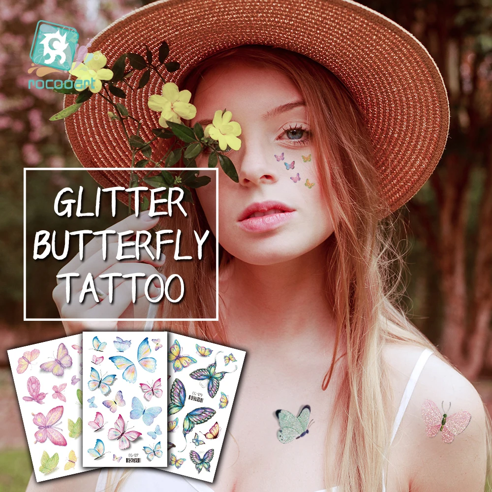 20Sheets Butterfly Party Favors Glitter Butterfly Temporary Tattoos for Women Kids Colorful Body Art 3D Fake Shinning Tattoos