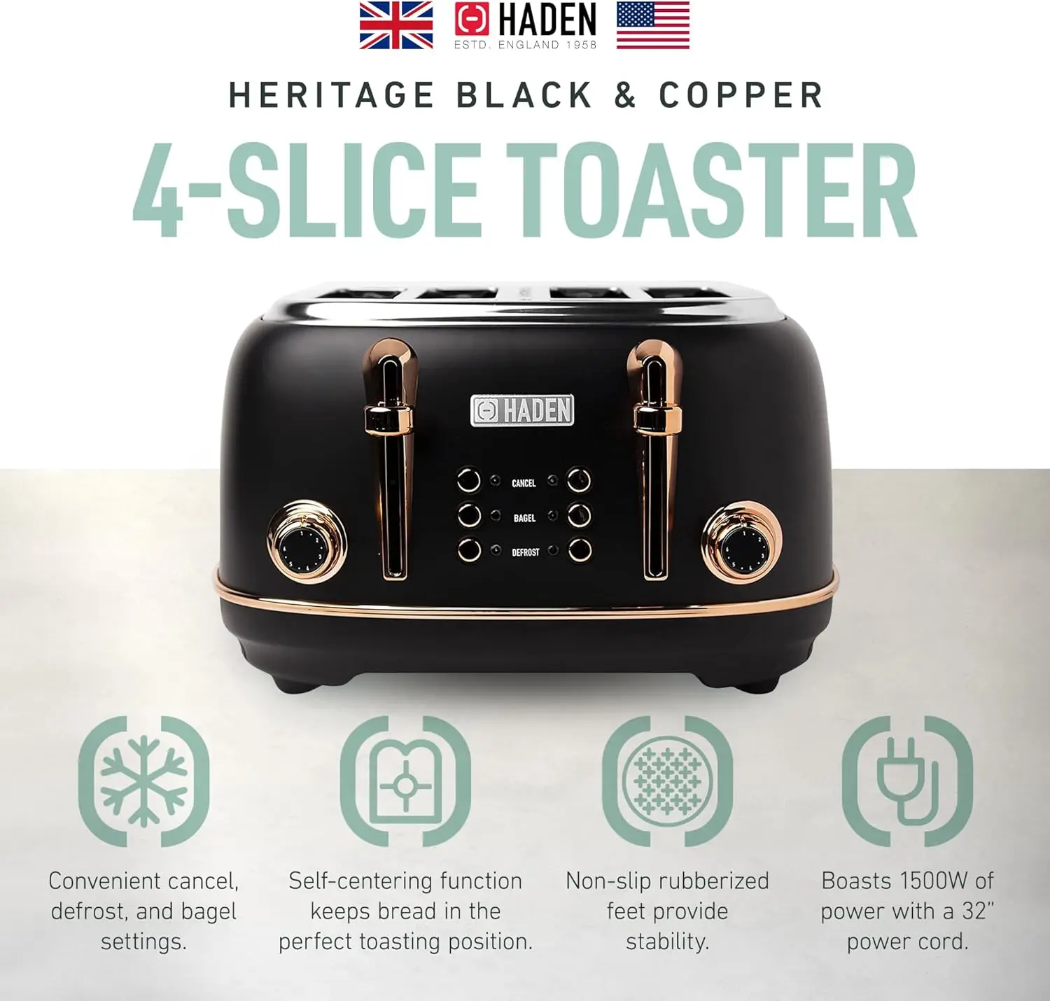 محمصة من الفولاذ المقاوم للصدأ بفتحة واسعة تراثية ، 4 شرائح ، تحكم بني قابل للتعديل ، أقدام مانعة للإنزلاق ، أسود ونحاسي