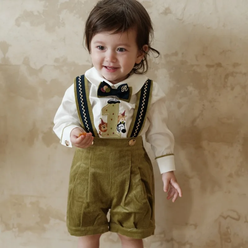 

Ins Handmade Boys 0-3 Birthday Handsome Shirt+under Pure Cotton Two-piece Autumn Kids Boutique Christmas Clothes