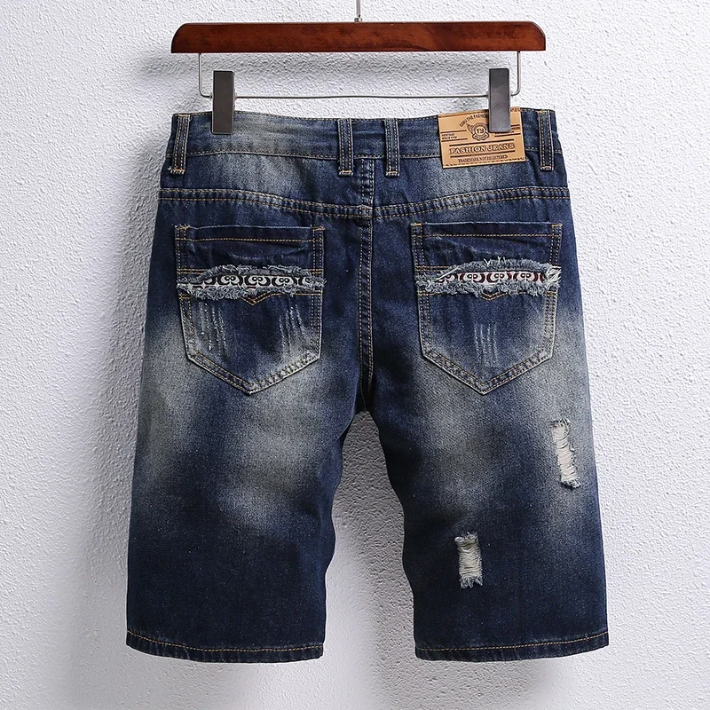 2024 Summer Jeans Men\'s Flip Denim Shorts New Worn Hole Patch Vintage Young Design Fashion Ruined Plus Size Summer Pants