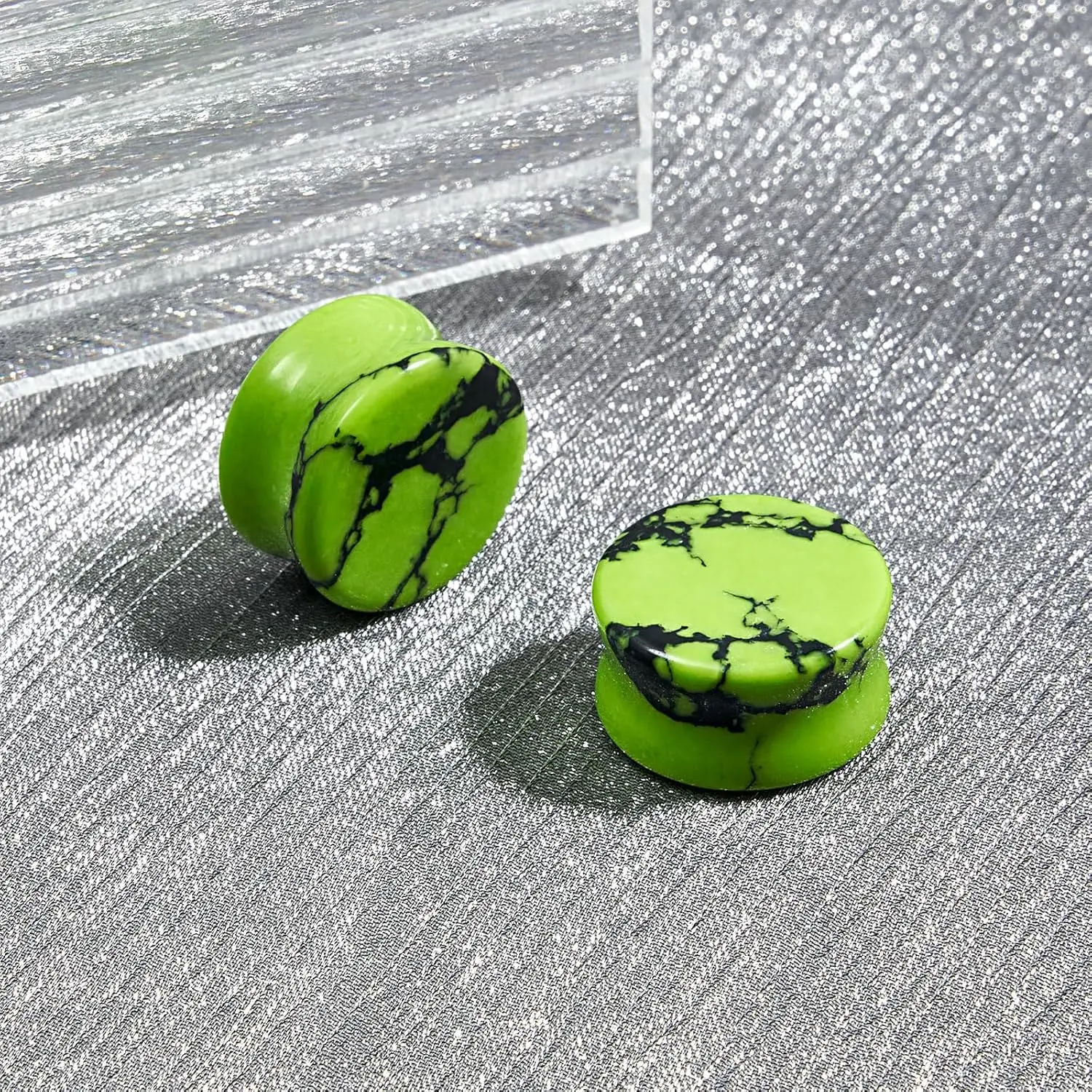 2PCS Stone Ear Gauges Plugs Saddle Green Textured Stone Double Flared Ear Tunnels Expander Earrings for Women Men 20mm
