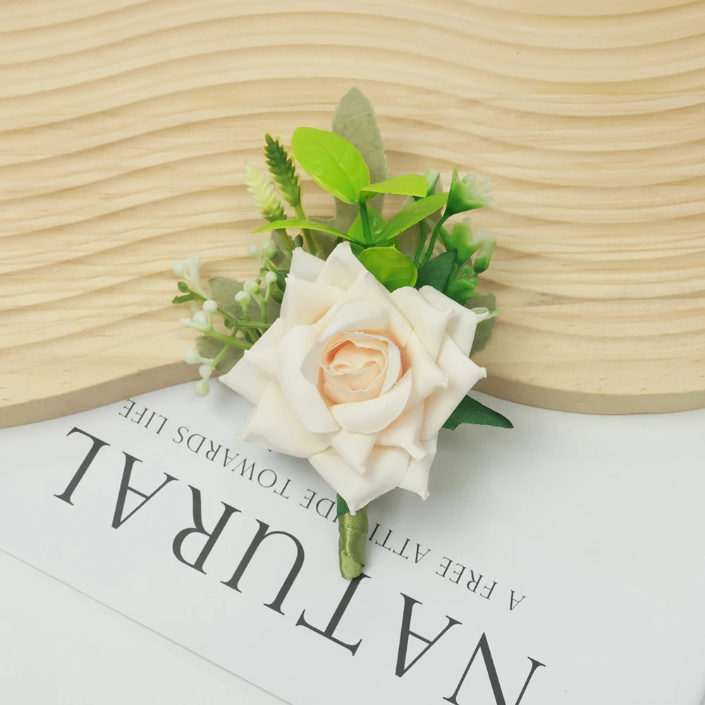 

Wedding Props Floroom Ivory Rose Wrist Corsage Bracelet Wristlet Band Men Boutonniere Set for White Wedding Flower Accessories