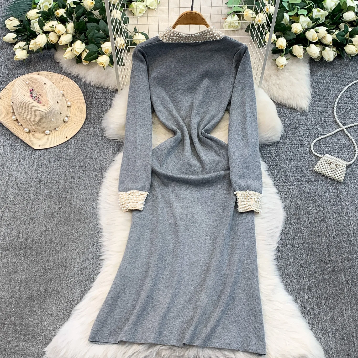 YuooMuoo ماركة الموضة الفاخرة اللؤلؤ طوق قطعة واحدة فستان المرأة جديد الخريف الشتاء ألف خط محبوك فستان طويل سيدة حفلة Vestido #6