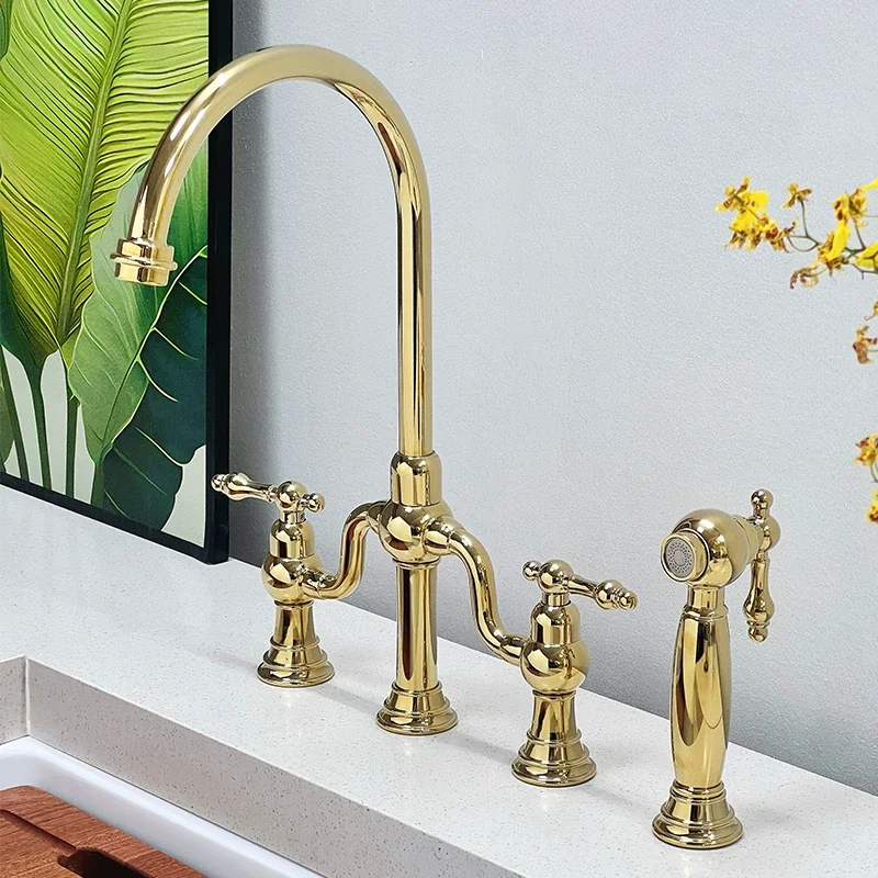 All copper American retro double handle bridge type hot and cold faucet kitchen ceramic vegetable basin with spray gun