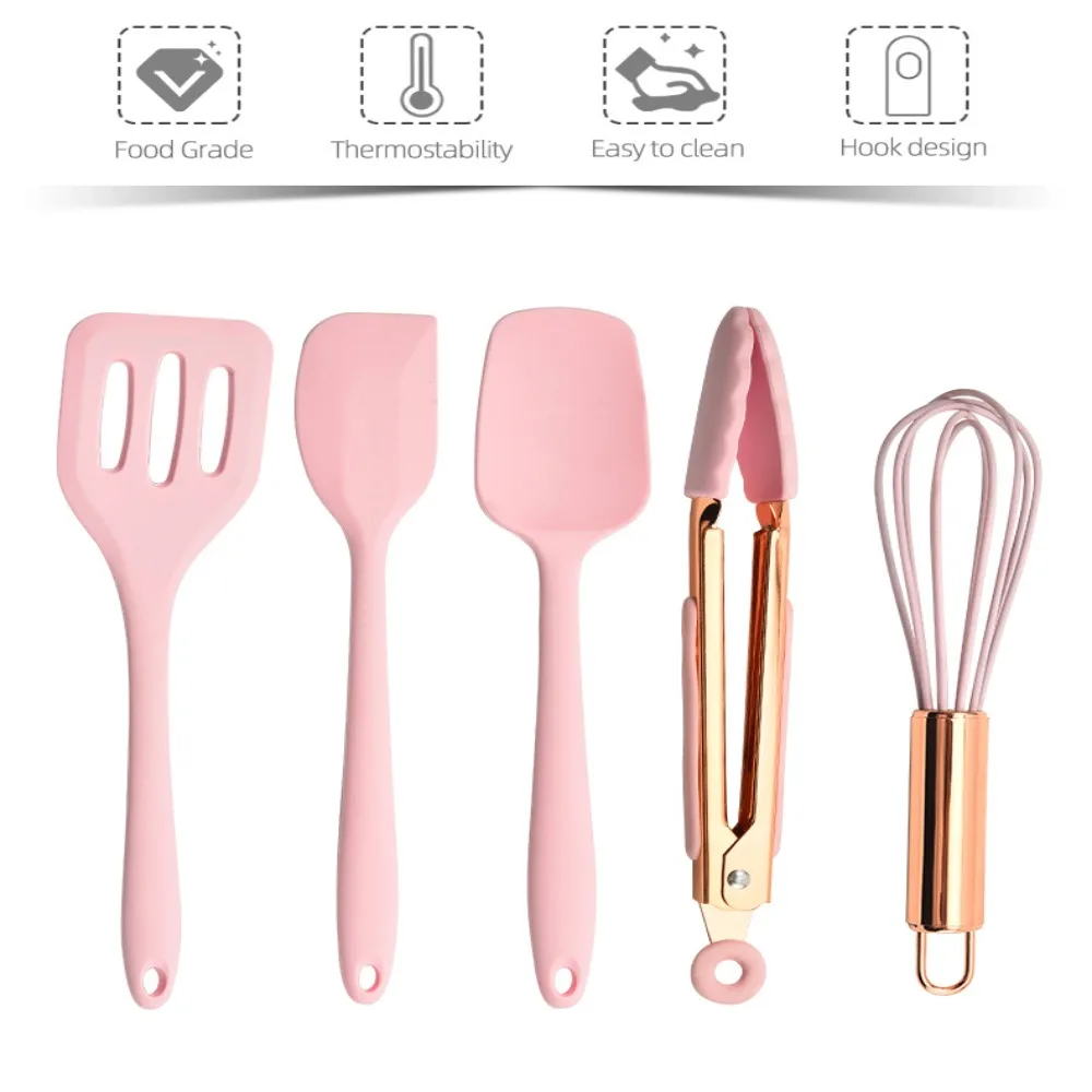 5 pcs Rose Gold Kitchen Utensil Five-Piece Set Silicone Non Stick Silicone Kitchen Tools Pink Heat Resistance