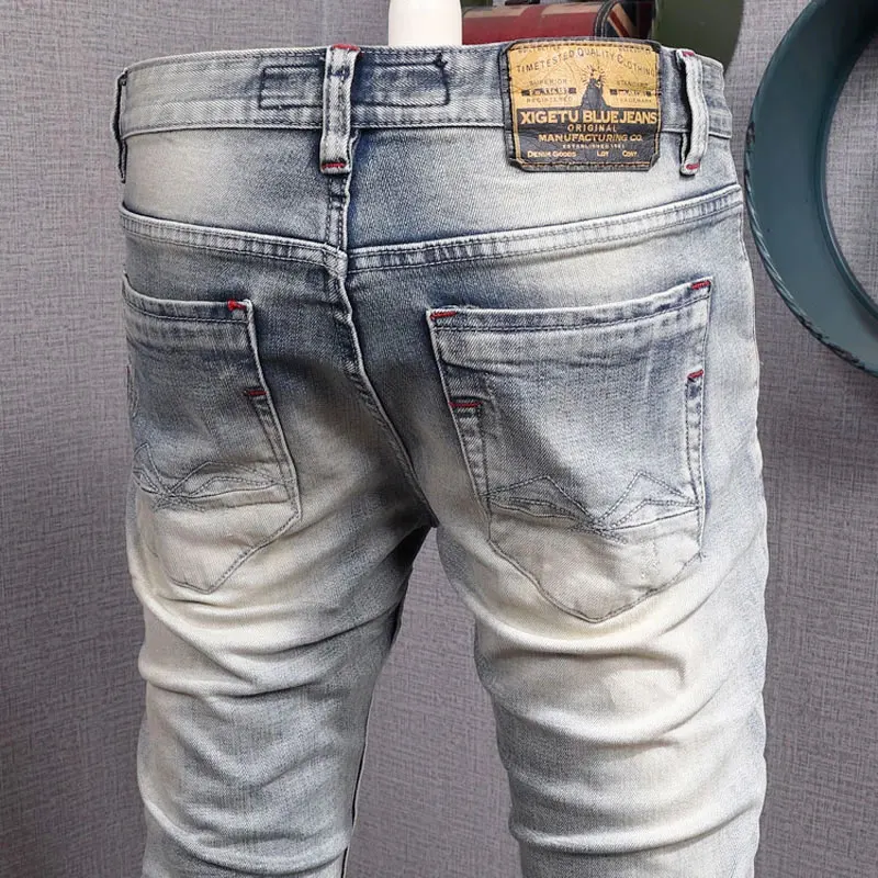 Fashion Designer Men Jeans High Quality Retro Light Blue Plain Washed Slim Fit Ripped Jeans Men Patched Vintage Denim Pants