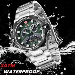 NAVIFORCE Men Watches Business Casual Fashion Dual Display Sport Stainless Steel Band Quartz Wristwatch Waterproof Watch