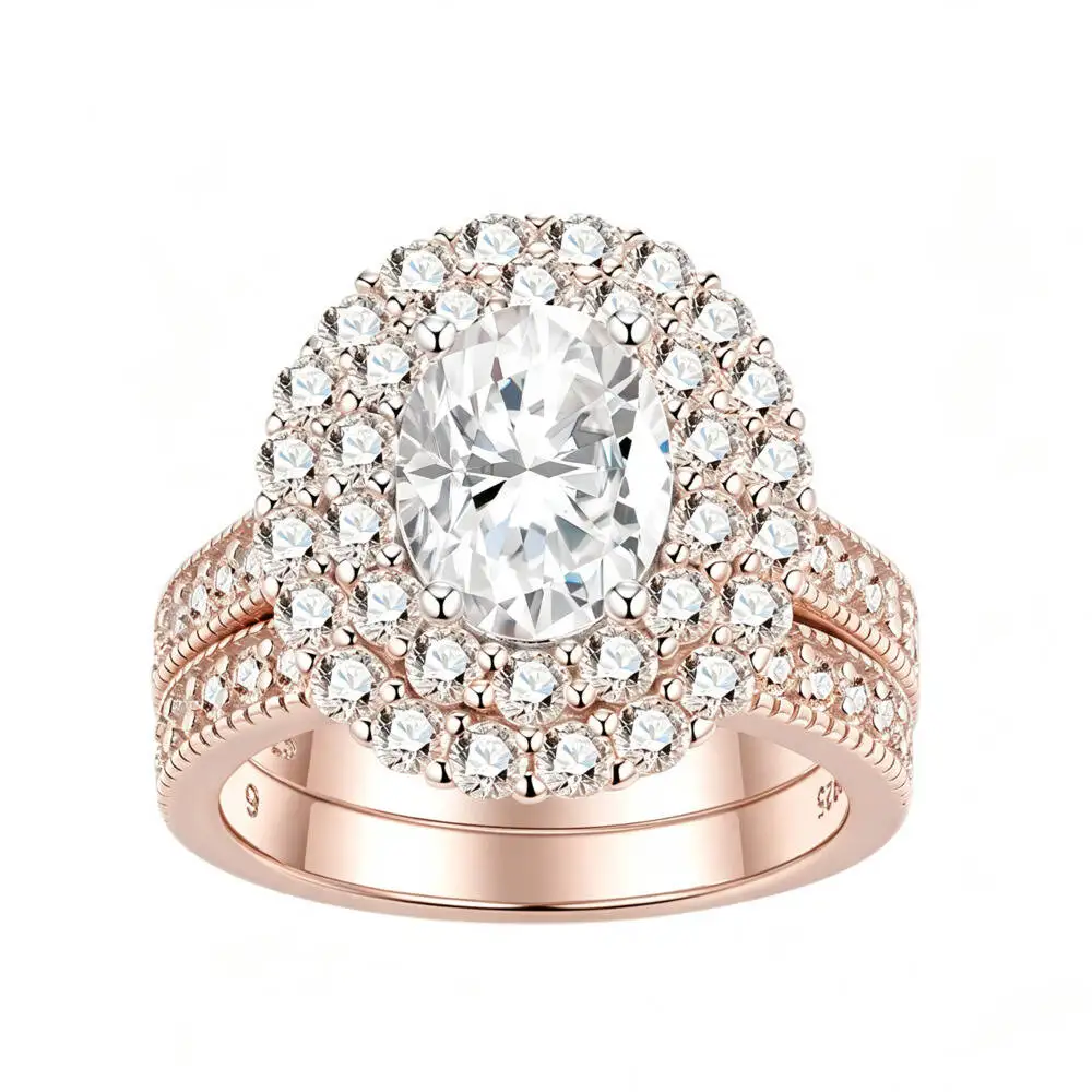 925 Silver Oval Cut Double Halo Pave Stackable Ring Set D VVS1 Moissanite Multi Tone Luxury Wedding Engagement Jewelry For Women