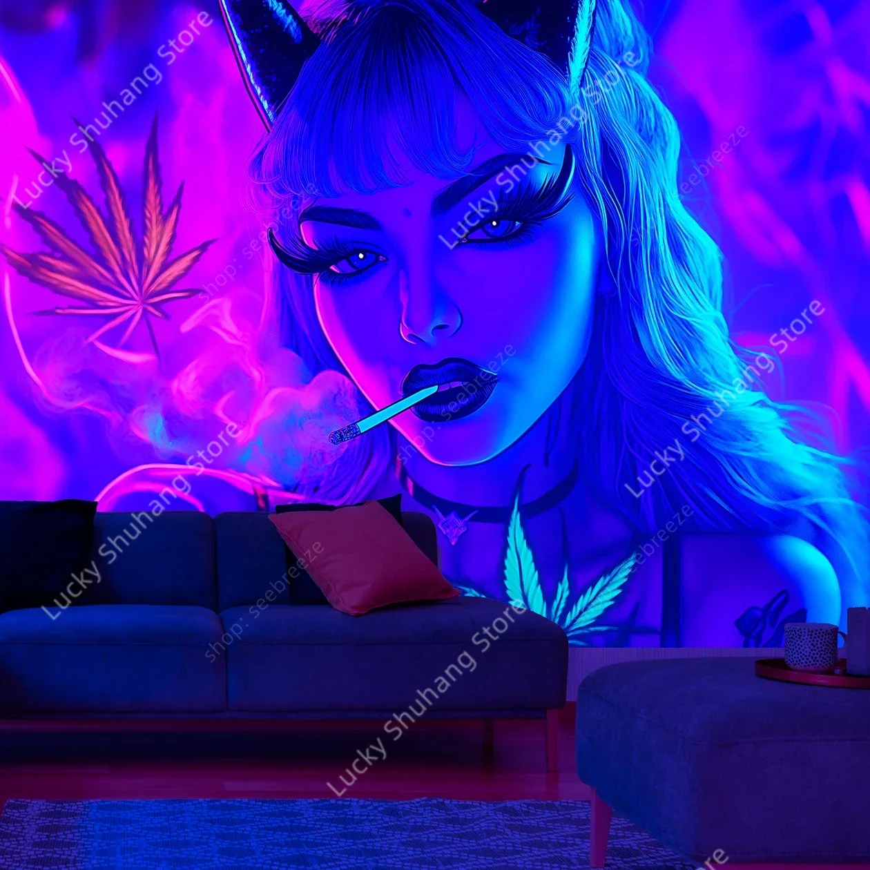 Smoking Cat Girl UV Reactive Tapestry Vintage Boho Wall Art for Bedroom Living Room Decor Retro Aesthetic Artistic Home Design