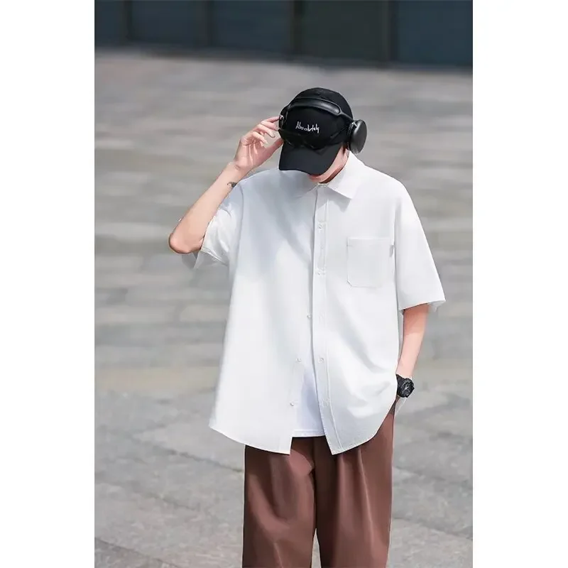 남성용 일본 복고풍 솔리드 컬러 반팔 셔츠 여름 한국 얇은 느슨한 캐주얼 셔츠 코트 Y2k 남성 의류