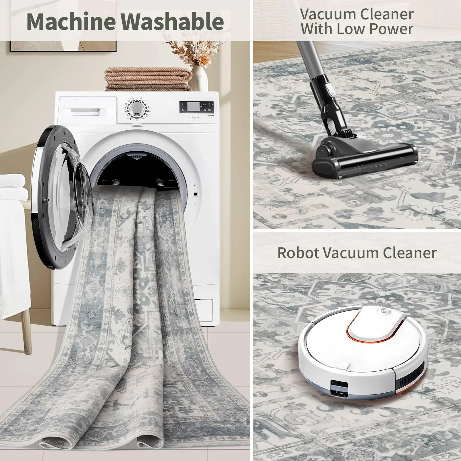 8x10 Washable Vintage Boho Rug, Non-Slip Low Pile for Living Room, Office, Kids Room in Light Blue Grey view 5