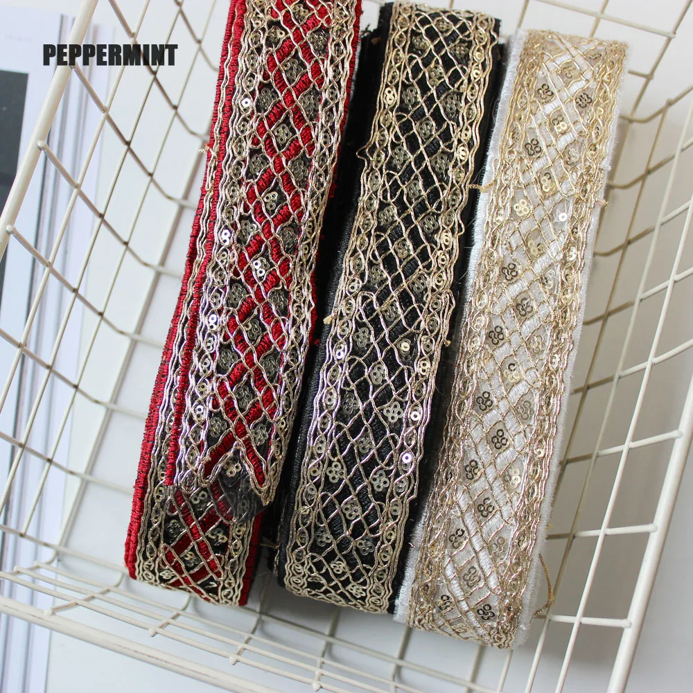 1Yard 4cm Golden Trim Sequins Embroidered Webbing Indian Lace Sewing Ribbons Clothing Decorative Lace Trim