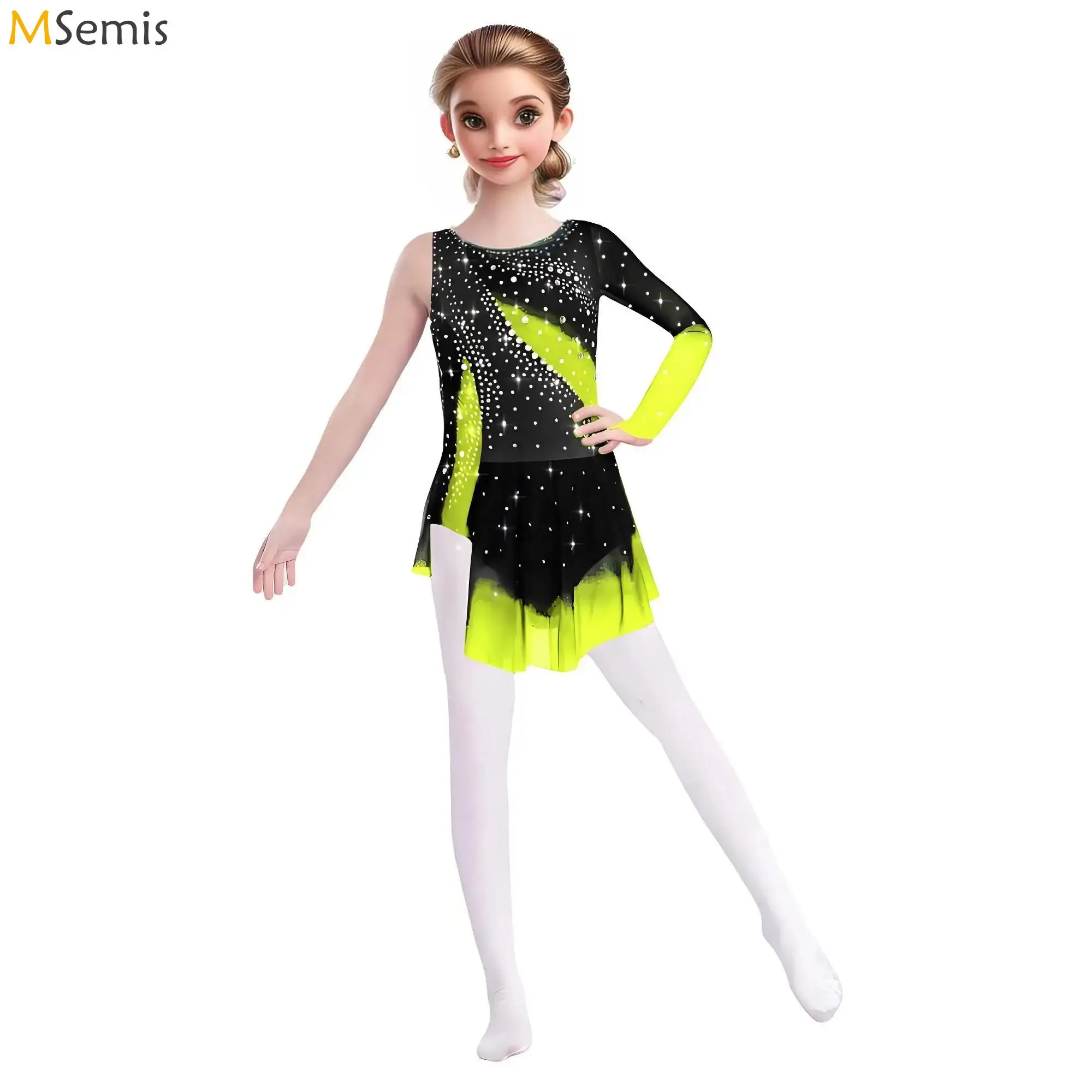 

Kids Girls Ballet Lyrical Dance Dress Rhythmic Gymnastics Acrobatics Shiny Rhinestones Leotard Bodysuit Figure Skating Dancewear