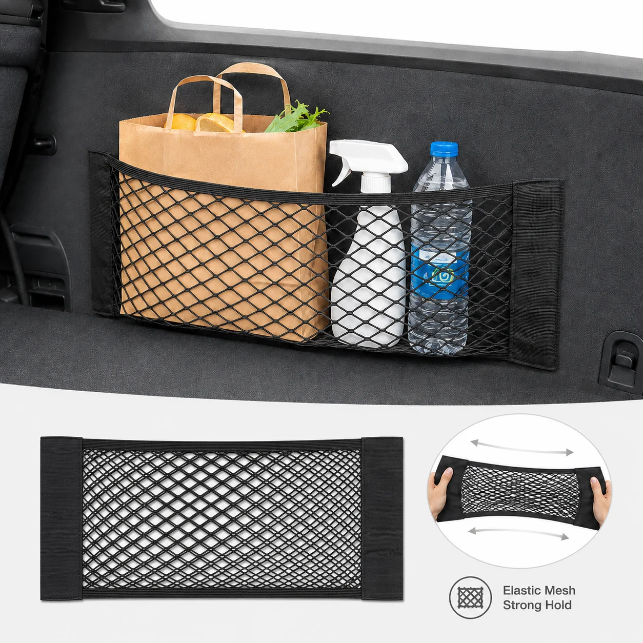 Organizador de Malha para Porta-Malas de Carro, Rede de Armazenamento, Bolso Traseiro para Banco, Bolsa de Malha Elástica Universal com Adesivo Mágico, Acessórios Internos Automotivos Traseiros