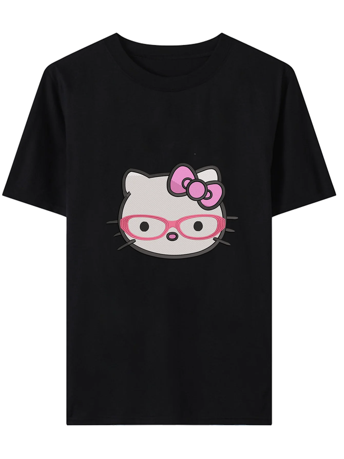 

1PC Women's "Hello Kitty with Glasses" White Casual Round Neck Short Sleeve Imitation Embroidered Printed T-shirt