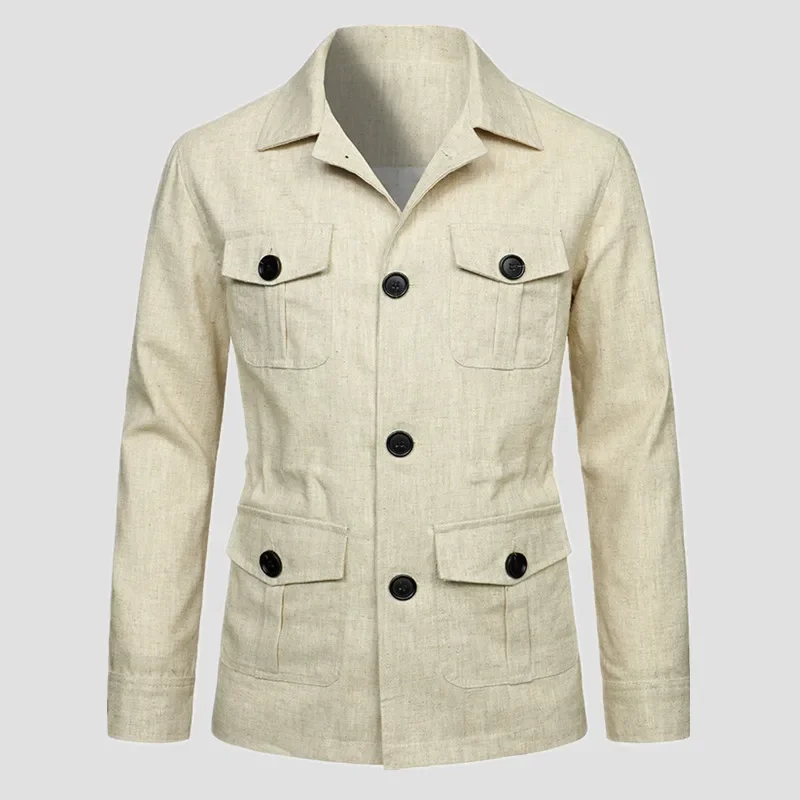 Mens Coats Jacket Linen  Retro Gentry Suit Pockets Outerwear Fashion Solid Color Male Tops  Hombre