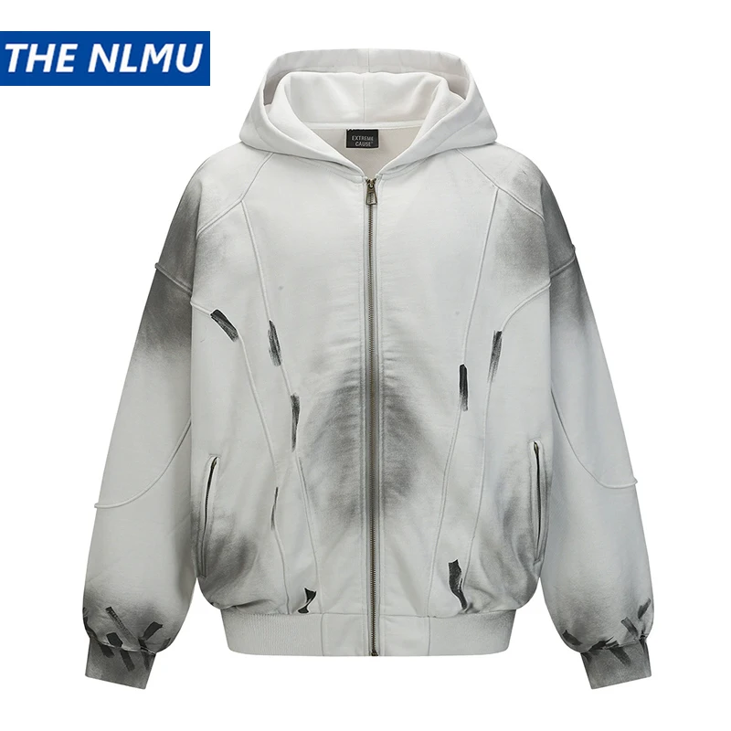 Men Autumn New Streetwear Graffiti Washed Zip Up Hoodie Wasteland Distressed Sweatshirts Casual Trendy Brand Jackets