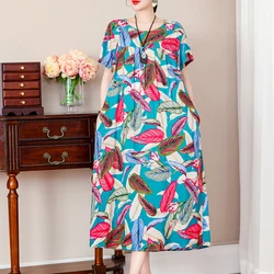 New Fashion Summer Dresses For women 2024 Casual Print Long Dresses O-neck Short Sleeve Vintage Maxi Dress Plus Size