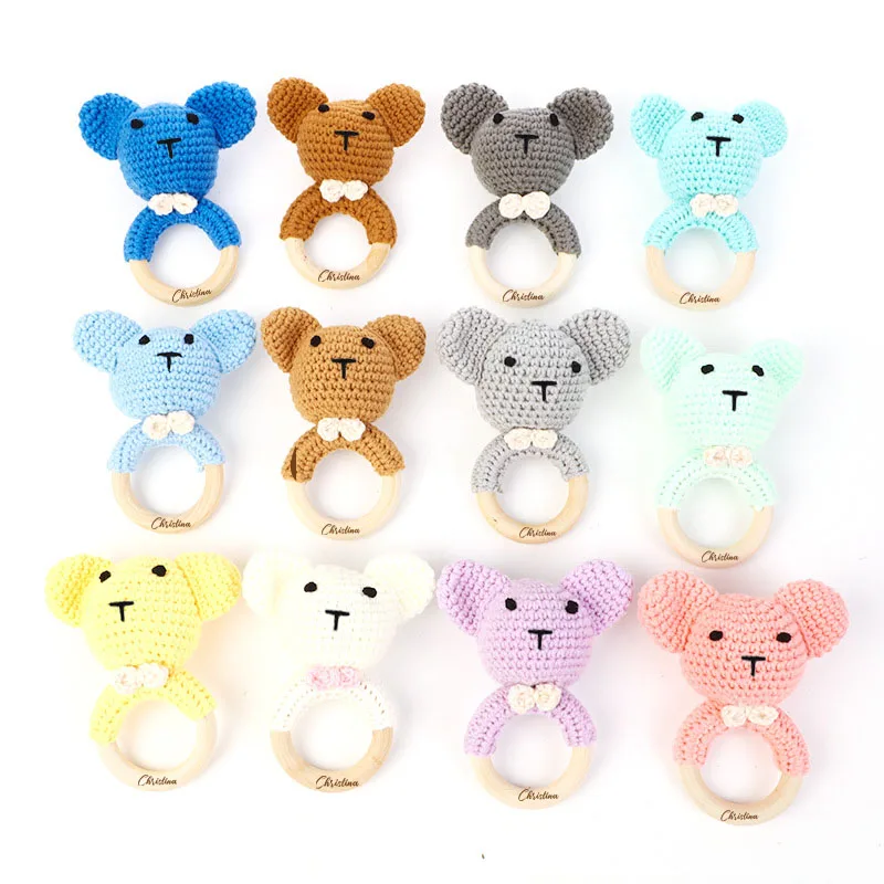 1Pc Cotton Crochet Baby Toys Cartoon Animal Wooden Ring Grasping Toys For Infant Educational Toy Gift Personalized Name