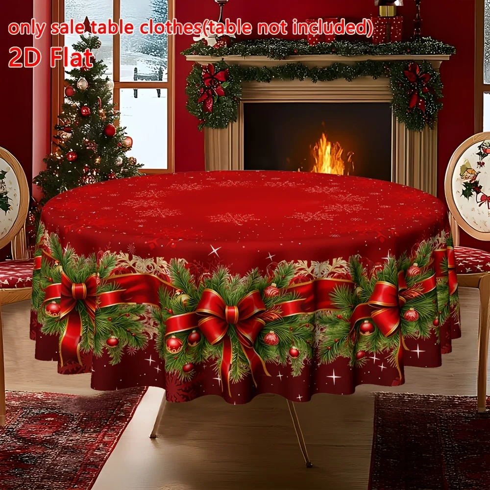 1Pc Christmas retro snowflake bow print kitchen dining room round tablecloth, party party decoration
