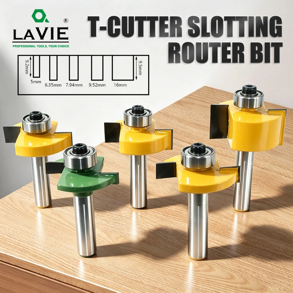LAVIE 1pc 8mm Shank T Slot Router Bit With Bearing Wood Slotting Milling Cutter T Type Rabbeting Tools For Wood MC02092
