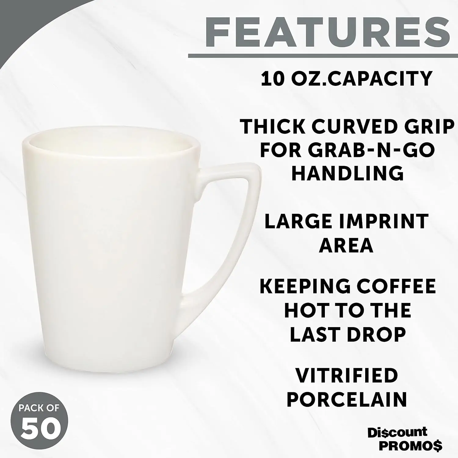 Custom Latte Vitrified Porcelain Mugs 10 oz. Set of 50, Personalized Bulk Pack - Perfect for Coffee, Tea, Hot Cocoa and More - W