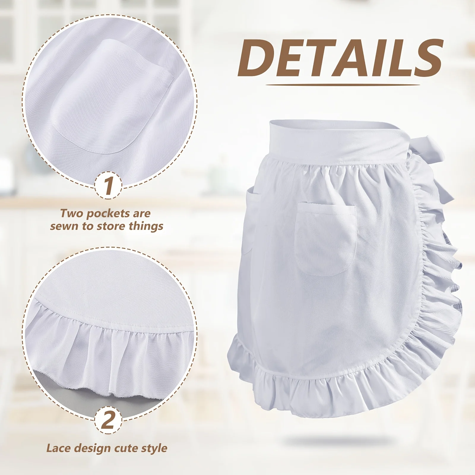 Ladies white ruffle waist, designed for cooking. This half-length retro maid apron comes with 2 pockets, suitable for restaurant waiters and kitchen staff.