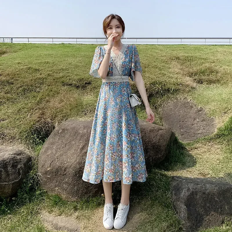 Satynowe sukienki dla kobiet 2024 kwiat ubrania plażowe kobieca sukienka szyfon w kwiaty jedwab Midi modne Harajuku jednoczęściowy koreański styl X