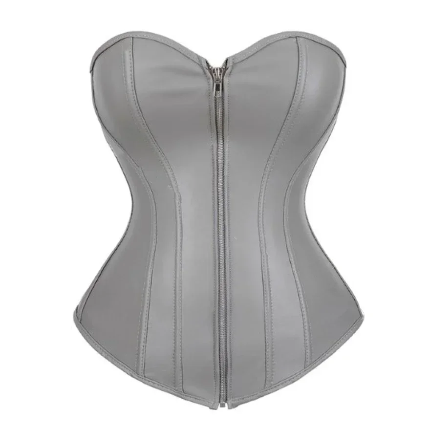 Classic Faux Leather Overbust Corset Top with Zip Women Gothic Steampunk Waist Trainer Bustier Vintage Corselet Sexy Clubwear