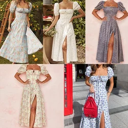 2023 Elegant French Floral Printed Half-Sleeve Maxi Dress Women's Sexy Backless Slim Halter Split Dresses A-Line Robe Vestidos