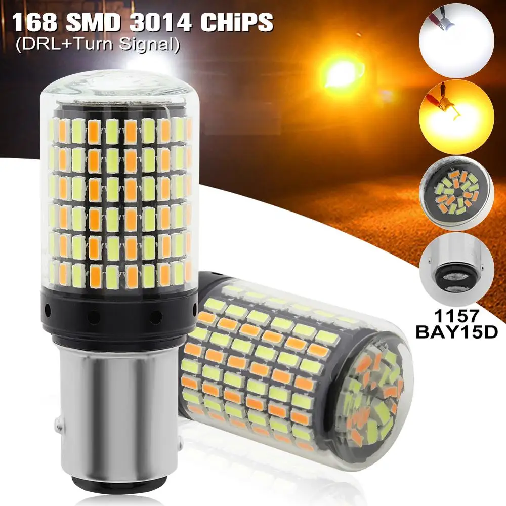 2Pcs 1157 BAY15D LED Light 3014 168SMD White Amber Double Color Switch DRL P21/5W For Car Turn Signal Lamp Reverse Lamp Bulb