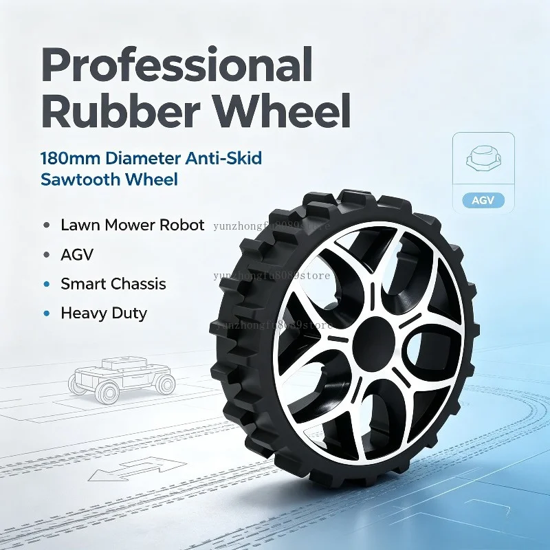Professional Rubber Wheel with Large Sawtooth Anti-Skid Tread for Lawn Mower Robots, AGV, and Smart Chassis – 180mm Diameter