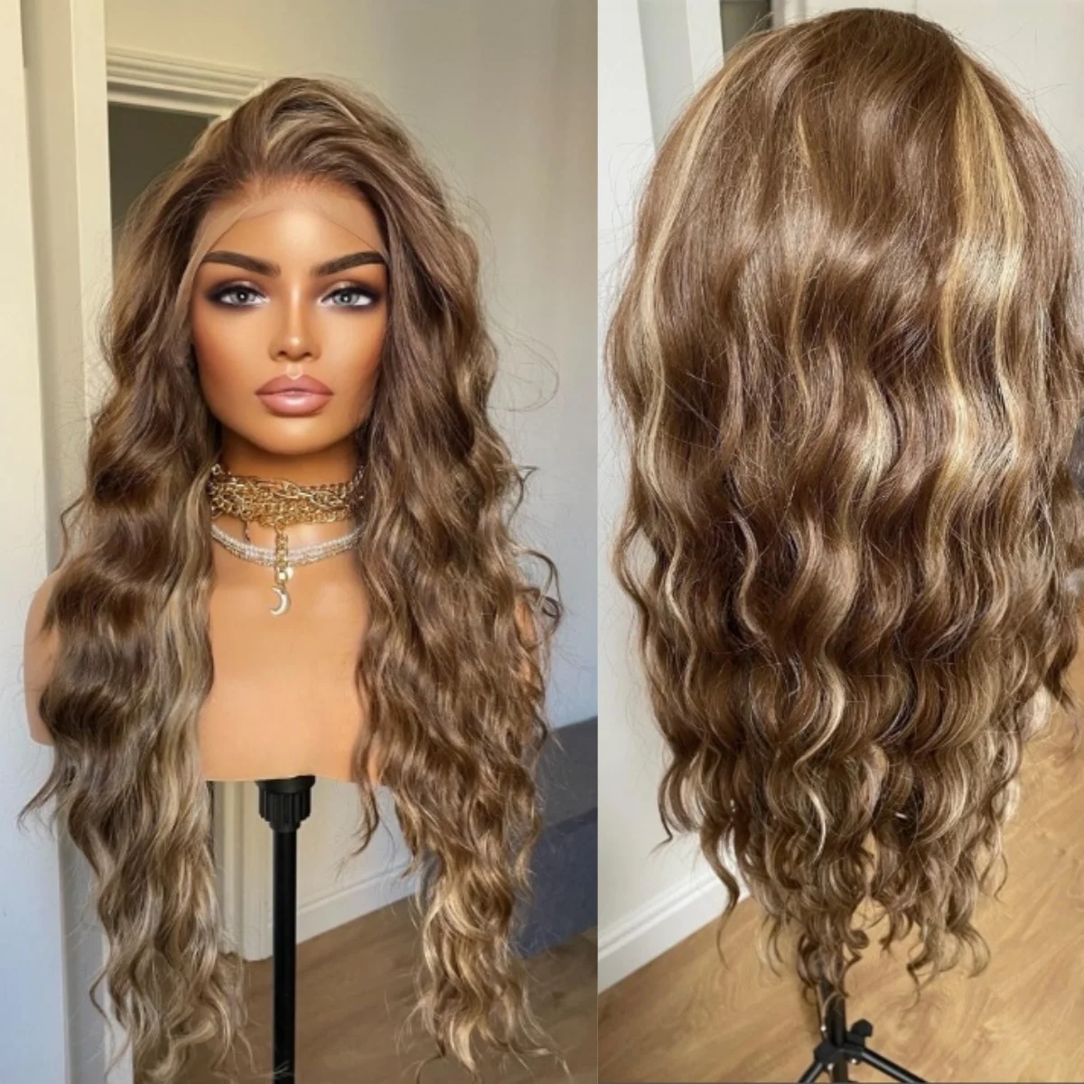 

Выделите медово-коричневый парик шнурка Мягкий длинный свободный глубокий волнистый синтетический парик фронтальной части шнурка Термостойкое волокно Дешевый парик на распродаже