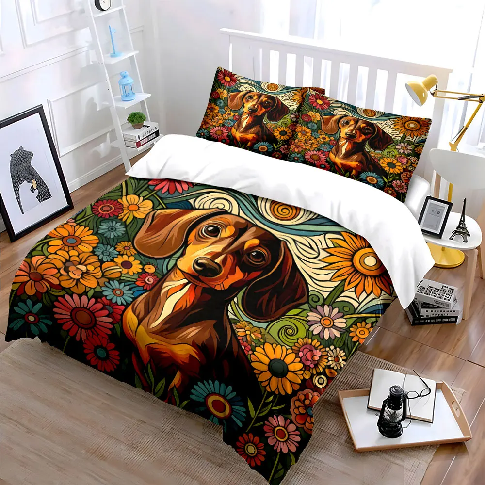 Dog Design Floral Home Décor Soft Skin-Friendly Bedding Set Includes 1 Duvet Cover And 2 Pillowcase, Gift
